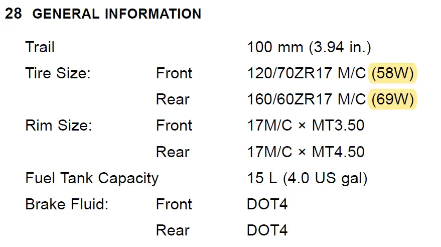 I’m not the smallest guy in the world, and so I need to know what maximum weight my sportsbike motorcycle will carry especially if taking a passenger, and here’s exactly how I figure it out in an easy step by step way, along with a massive table of different sportsbikes’ max allowable weights to make your own job a whole lot easier! Motorcycle Rider Weight Limit Calculation (H2) To calculate the maximum weight you can be (maximum load) and still ride your motorcycle safely you must find the vehicle gross vehicle weight (GVW) and subtract the curb (or wet) weight. The figure you’re left with is the maximum safe weight of the rider plus any passenger and cargo carried. Max Motorcycle Rider Weight = Gross Vehicle Weight (GVW) – Curb Weight However you might also find that the manufacturer of your motorcycle does this for you and publishes the maximum load in your bike’s manual. Additionally… you’ll also find the maximum load for all current sportsbikes in the mega table further down in this article, simply find your bike in the list and you’ll find the maximum load your bike can carry! Before we go any further let’s get some definitions nailed down… What Is Motorcycle Maximum Load? (H2) Motorcycle maximum load is the total weight the bike can carry including the rider, passenger and any cargo. It is often published in a motorcycles’ manual, and if exceeded will make your bike unsafe to ride. But, let’s say that you don’t have the maximum load listed in your motorcycle’s manual and your bike isn’t in the table below, in that case let’s look in detail at what the GVW and curb weight is exactly and then how to find these figures and calculate the max rider weight for your bike.  What Is Motorcycle Gross Vehicle Weight (GVW) (H2) The Gross Vehicle Weight (GVW) of your motorcycle is the weight of the motorcycle itself plus all engine fluids and full fuel, plus the maximum allowable weight of the rider and passenger. Any cargo equipment and items loaded as cargo would also be included in the GVW. Gross Vehicle Weight is essentially the heaviest the motorcycle can be with everything on it before it becomes unsafe to ride, as specified by the manufacturer.  What Is Motorcycle Curb Weight (H2) Motorcycle curb weight, or wet weight, is the weight of the motorcycle itself plus all engine oils and full fuel. Curb weight is essentially the total weight of the bike when it’s completely ready to ride away, but without any rider, passenger or cargo equipment on board. Ok so where do we find a motorcycles’ GVW and curb weight specs…? The curb weights, sometimes listed as “curb mass”, of all popular current sportsbike motorcycles is found in your motorcycle manual.  However, for current sportsbikes I’ve done the hard work for you and curb weights can be found in the table below.  But… the gross vehicle weight is a little harder to pin down…  Where To Find Your Motorcycle Gross Vehicle Weight Information (H2) The gross vehicle weight (GVW) of your motorcycle should be printed or stamped into the Vehicle Identification Number (VIN) plate if your bike has one.   It may also be in your bike’s manual, but either way your manual will give you either the gross vehicle weight or maximum load so you’ll be covered one way or the other.  Sportbike Motorcycle Weight Limits and Max Load Table (H2) TABLE   What Happens If You Exceed Motorcycle Weight Limit (H2) If a motorcycle is consistently overloaded it can lead to such things as failures, and loss of performance and handling. •	Loss of Handling: your motorcycle is tested by the manufacturer as having certain handling characteristics to ensure the highest level of performance and safety possible, and if the bike is overloaded those performance characteristics will break down and you cannot always count on the bike to do what you expect it to do; •	Bike Failure: part of your motorcycle, for example, the suspension, may fail; •	Tire Failure: tires have weight limits that are not always the same as your motorcycle, and if they’re overloaded they can fail during normal riding conditions;  Motorcycle Tire Weight Limits (H2) Motorcycle tires are given weight limits, called tire load capacity, because if they are overloaded they can incur internal damage and fail entirely during riding, provide poor or unsafe handling, and not take the load of the bike properly which puts additional strain on the suspension.  Where Do I Find My Motorcycle Tire Load Capacity (H2) You can find your motorcycle tire load capacity in three places: •	In your bike’s manual (see first pic below); •	On a placard sticker on your bike itself (see second pic below); •	On the sidewall of your bike tire. PICTURE PICTURE IMPORTANT: if you change from the factory fitted tires to different tires, ensure that the load capacity of the new tires is not below the load capacity mentioned in your motorcycle’s manual. Doing so will give a much greater likelihood of your tire failing during riding!  What Do Tire Load Capacity Number Mean (H2) Load capacity numbers, for example “69W”, specifies the maximum weight your tire can support. If we use the example of 69W and check the tire load capacity table below, you’ll see that this specific tire can handle a maximum load of 325kg or 716lbs. Motorcycle Tire Load Capacity Table (H3) TABLE  Can I Use A Higher Load Capacity Tire To Carry More Weight On My Motorcycle? (H2) You should never carry more than the manufacturer specified load even when using tires with a greater load capacity than required. The manufacturer has specified a max load for more reasons than just tire load capacity, and the stated max load must be followed for safety reasons.